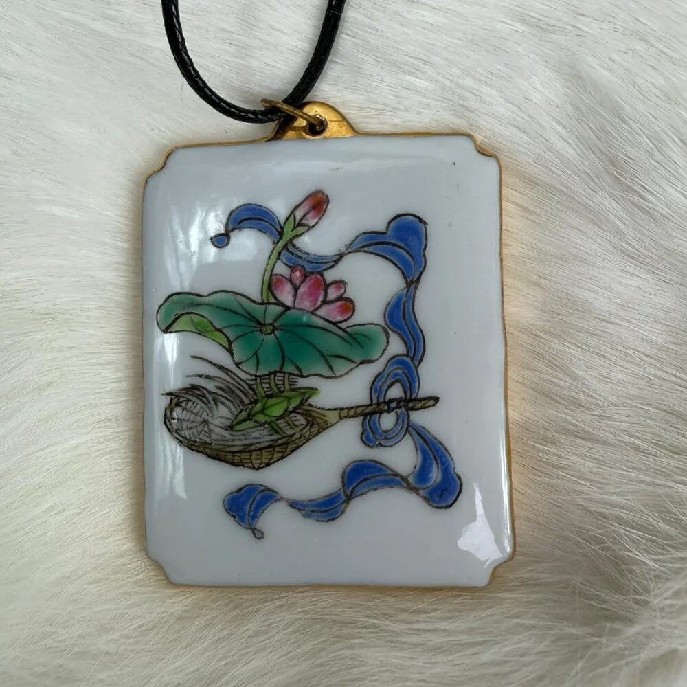 Vintage Chinese Hand Painted Porcelain Lotus Pendant on NEW Black Cord 22.5